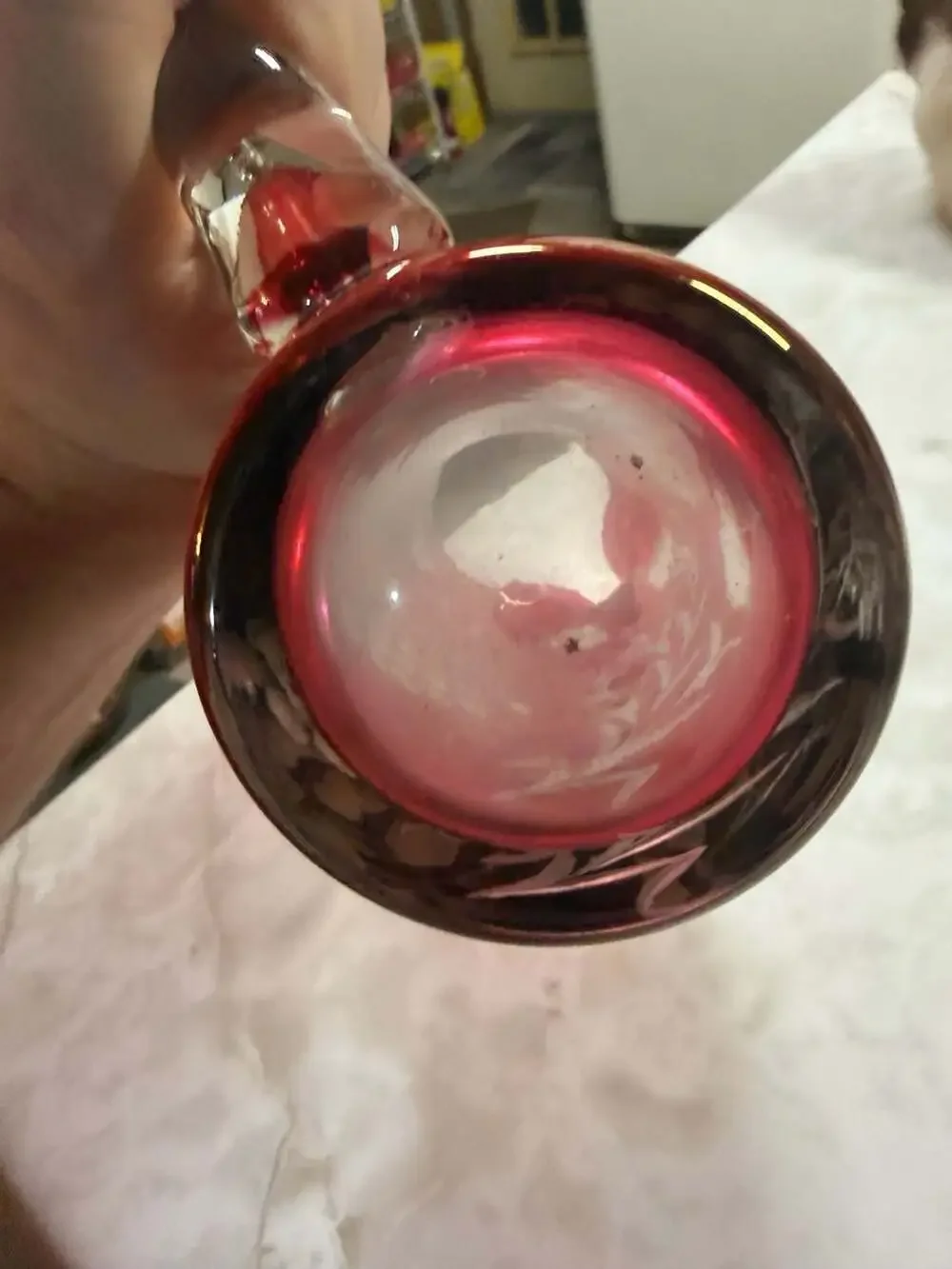 Vintage Ruby Red Glass Pitcher With Frosted Grape-And-Vine Motif And Clear Appli